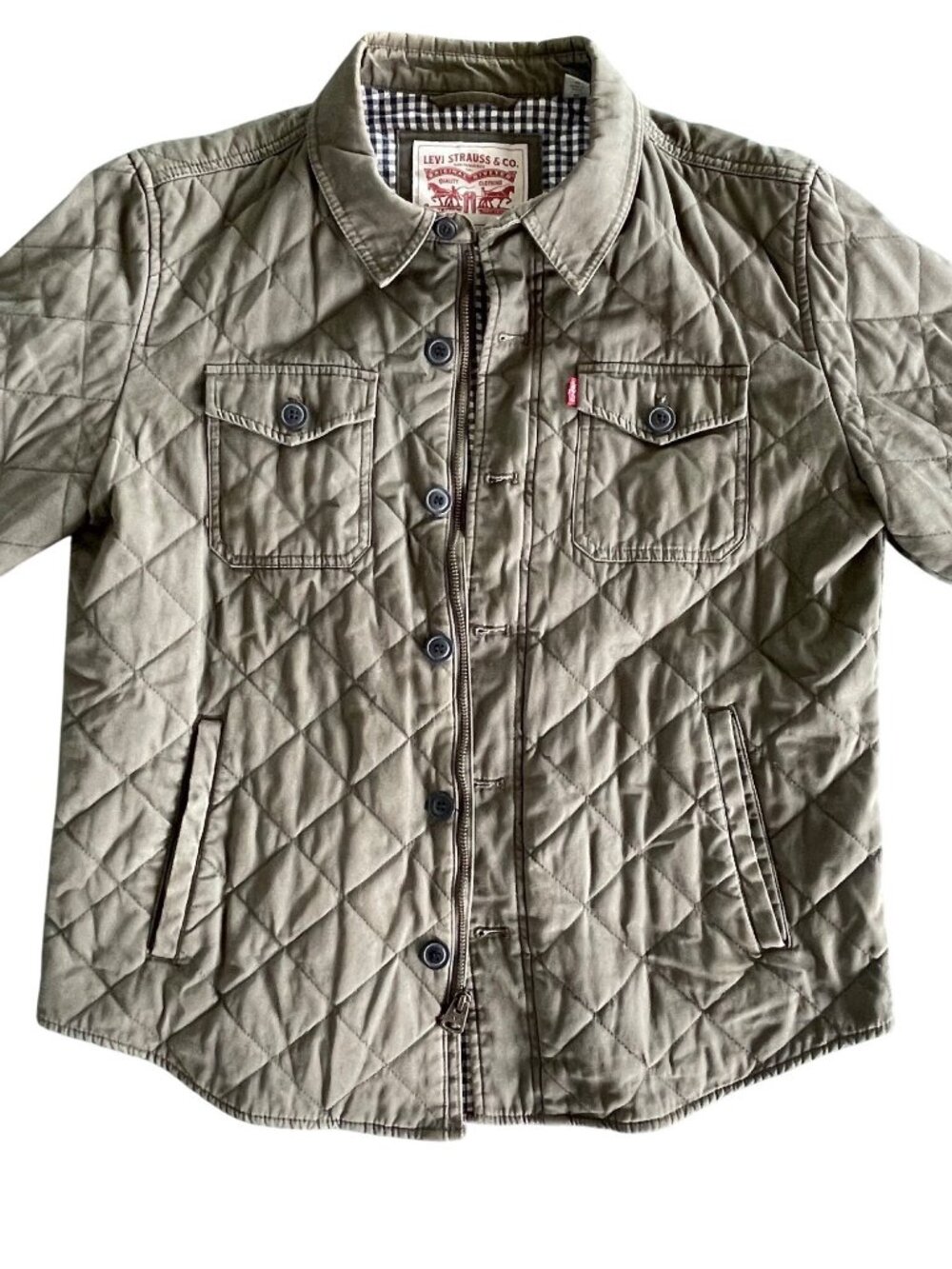 Levis Quilted Olive Green Snap-Front Jacket Size M Gingham Lining Casual